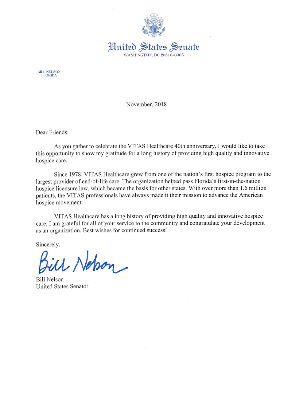 美國國會參議員Bill Nelson致函VITAS
