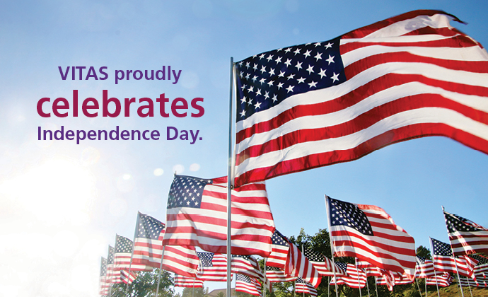 Images of the American flag, with the words VITAS proudly celebrates Independence Day.