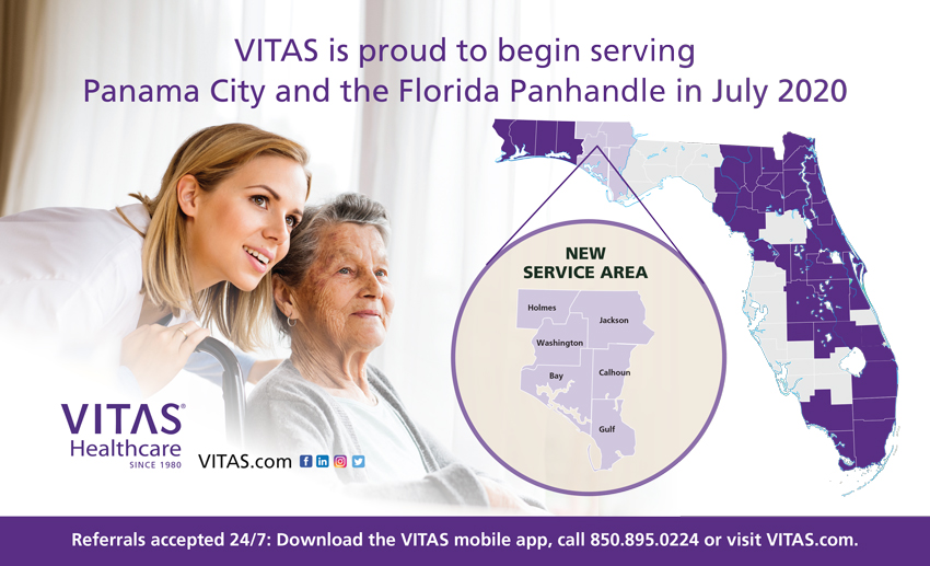 A map of Bay, Calhoun, Gulf, Holmes, Jackson and Washington counties, in VITAS' Panama City service area