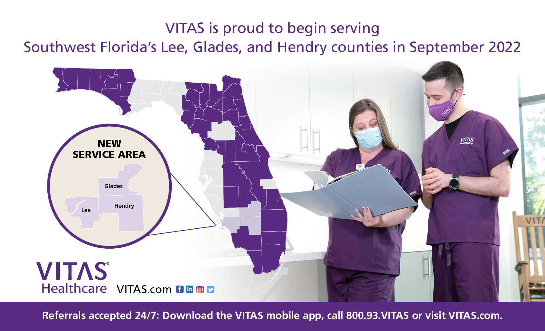 A graphic with a map of the new Florida counties VITAS will serve