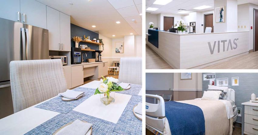 A collage of images of the inpatient unit, including the kitchen area, front desk, and a patient room