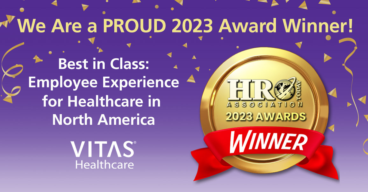 A graphic celebrating VITAS Healthcare's 2023 HRO Today win in the category of Employee Experience for Healthcare in North America.