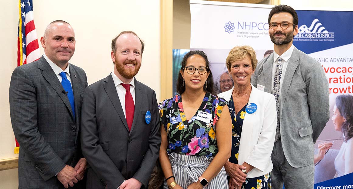 At the Capitol Hill briefing in Washington D.C., from left: Dr. Joseph Shega, VITAS Healthcare; Logan Hoover, NHPCO; Dianne Munevar, NORC; Susan Lloyd, Delaware Hospice; and Davis Baird, NAHC.