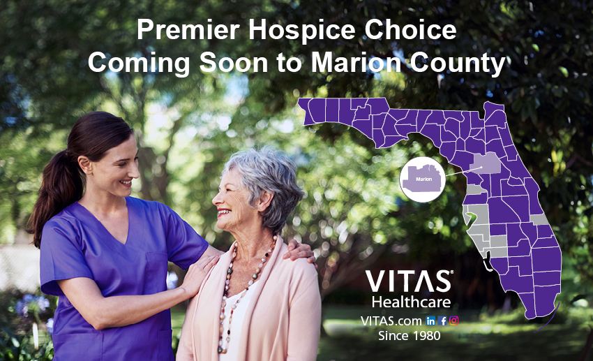 Graphic of Florida counties over a picture of a nurse in purple scrubs smiling with an older woman outside