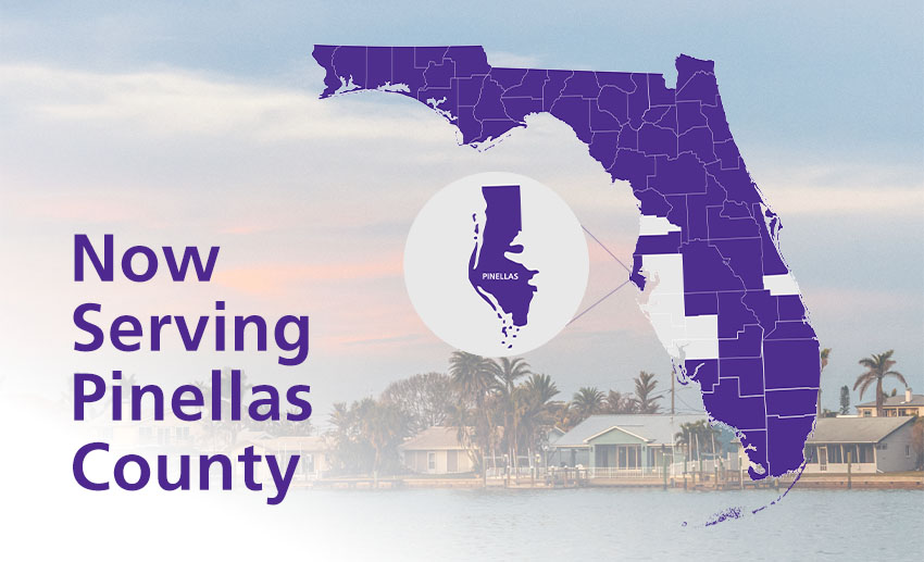Map of Florida counties with Pinellas County magnified. The text says Now Serving Pinellas County