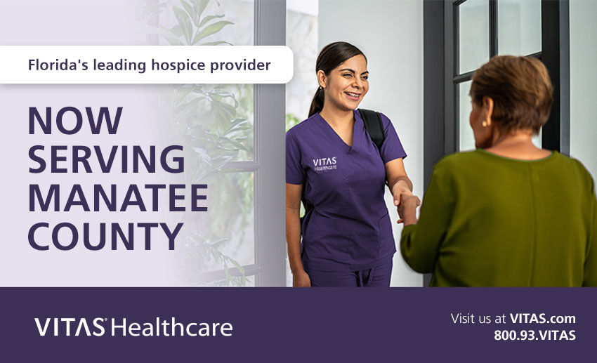 Graphic of VITAS nurse and caregiver with the words Now Serving Manatee County