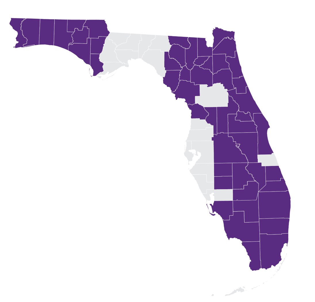 Mapa na nagpapakita ng lahat ng county na pinagseserbisyuhan ng VITAS sa Florida