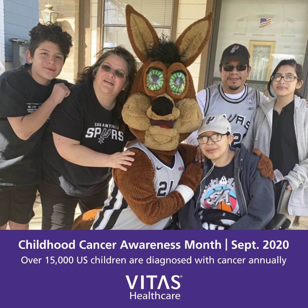 VITAS patient Genesis Ortega with the San Antonio Spurs mascot and her family members. September is Childhood Cancer Awareness Month, with more than 15,000 US children diagnosed annually