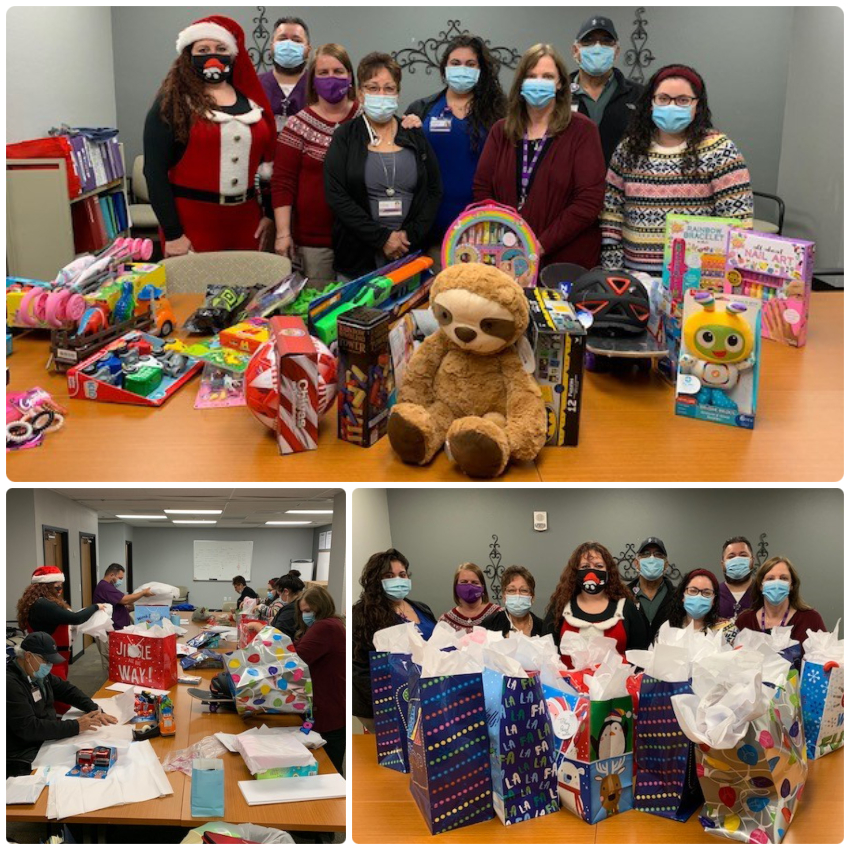 Before, showing toys and stuffed animals on a conference table ready to be wrapped, and after, showing the items in festive gift bags