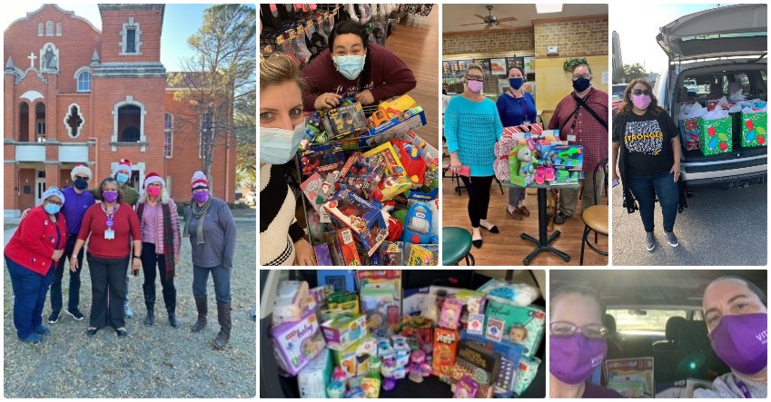 A collage of the San Antonio team at different locations on their holiday give-back efforts