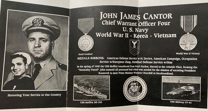 A printout describes John's military service in World War II, Korea, and Vietnam in the Navy