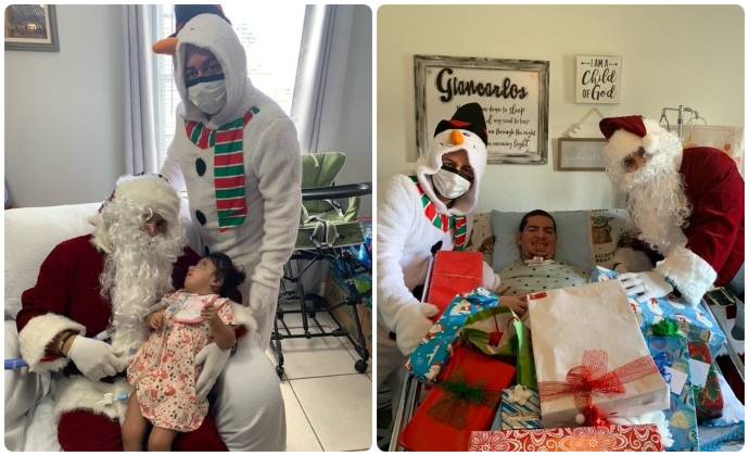 A collage of Santa and Frosty at the bedside of two VITAS pediatric patients