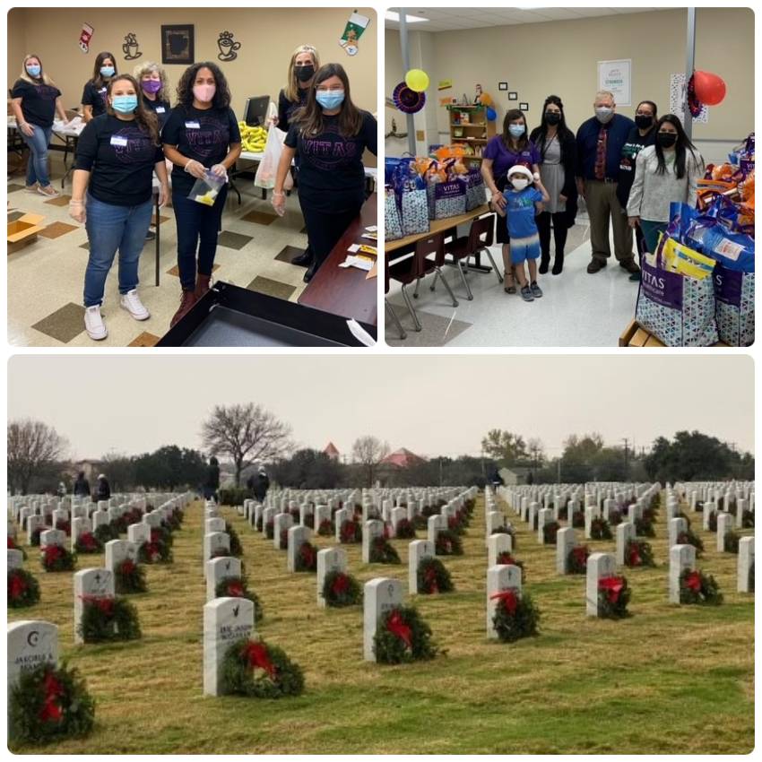 A collage of photos from VITAS Gives Back in San Antonio, including preparation of gift bags and a ceremony with wreaths at graves of fallen soldiers