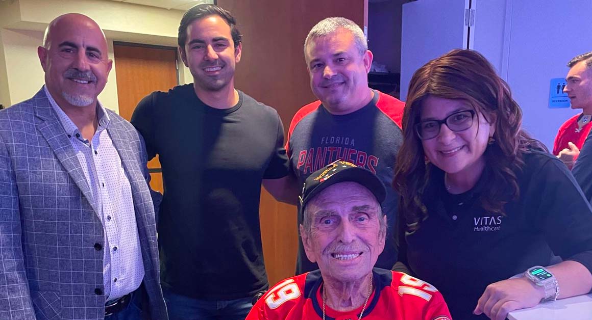 Irwin Schwartz, who had missed live sports, got a VIP trip to see the Florida Panthers alongside nurse Meredith Glassman and VITAS CFO Alex Fernandez.