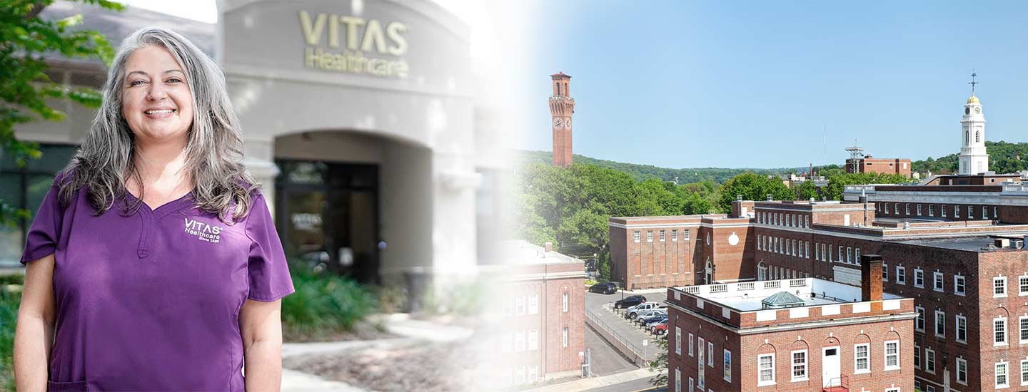 Un collage con una enfermera de VITAS frente a una oficina y la línea del horizonte de Connecticut