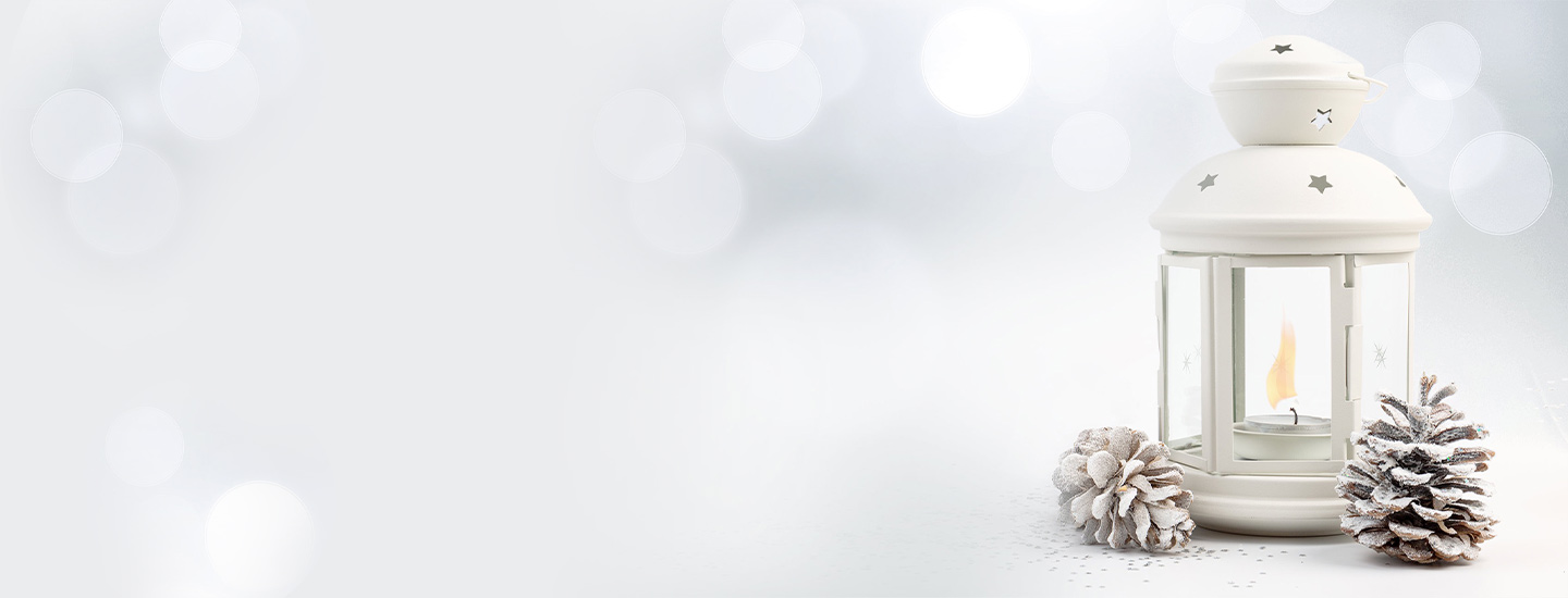 雪景中有一盞點亮的燈籠，以及兩個積了霜雪的松果