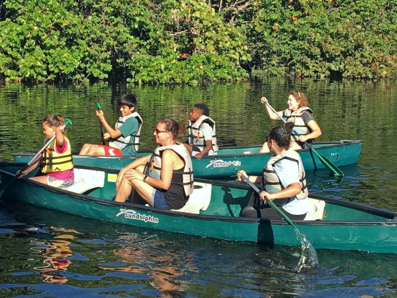 A group of adults and children goes canoeing