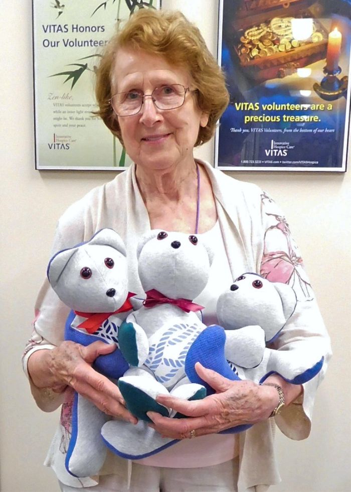 Ingrid holds three Memory Bears she recently crafted