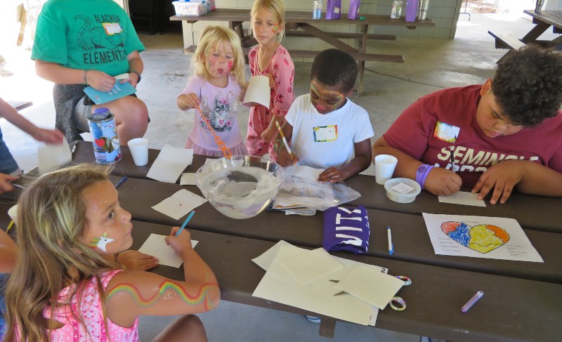 A group of children doing arts and crafts at a picnic table