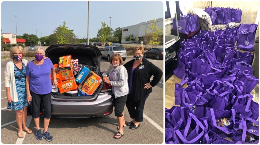 A collage showing the group of women at a shopping center with a trunk full of goodies they bought; and, at right, dozens of the filled goodie bags