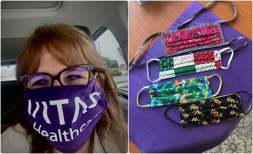 A volunteer services manager wears a mask sewn by a volunteer; and four other masks sewn by VITAS volunteers