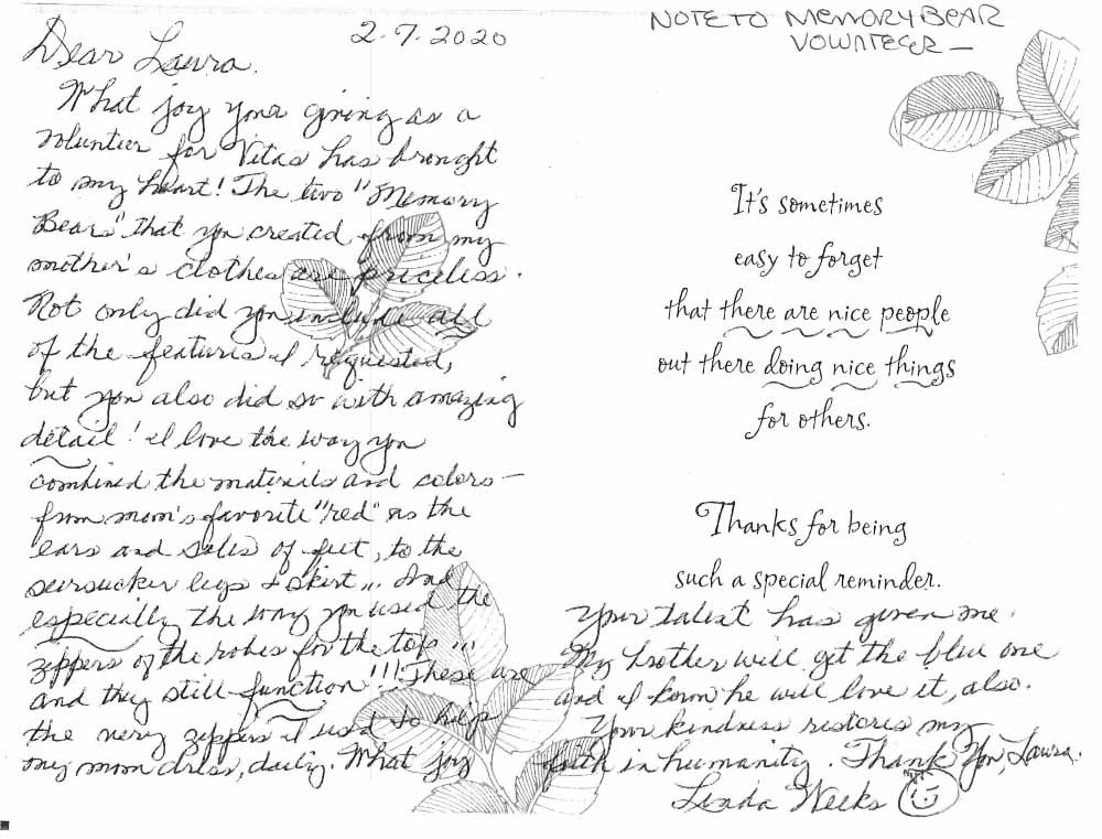 Linda's note to Laura, a Memory Bear volunteer