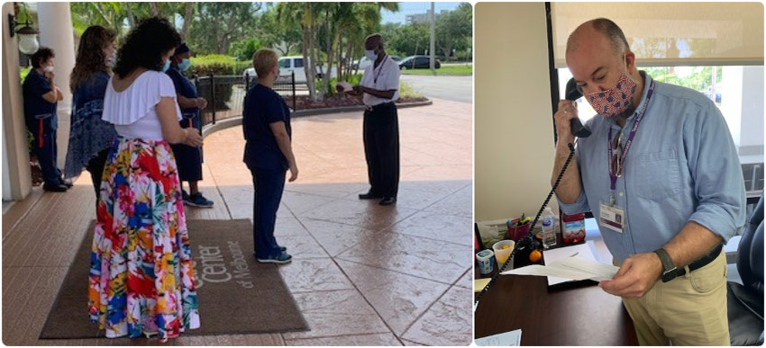 Chaplain Lambert Mills blesses employees in the porte-cochère, and Chaplain Kyrill Williams reads a blessing into the intercom system
