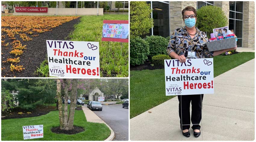 A collage of signs reading VITAS Thanks our Healthcare Heroes placed around Columbus, Ohio