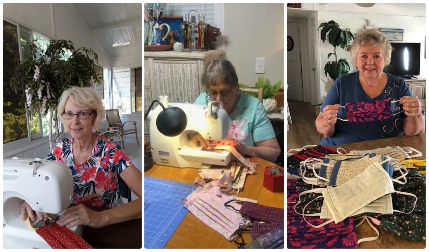 A collage of the sewing volunteers creating masks