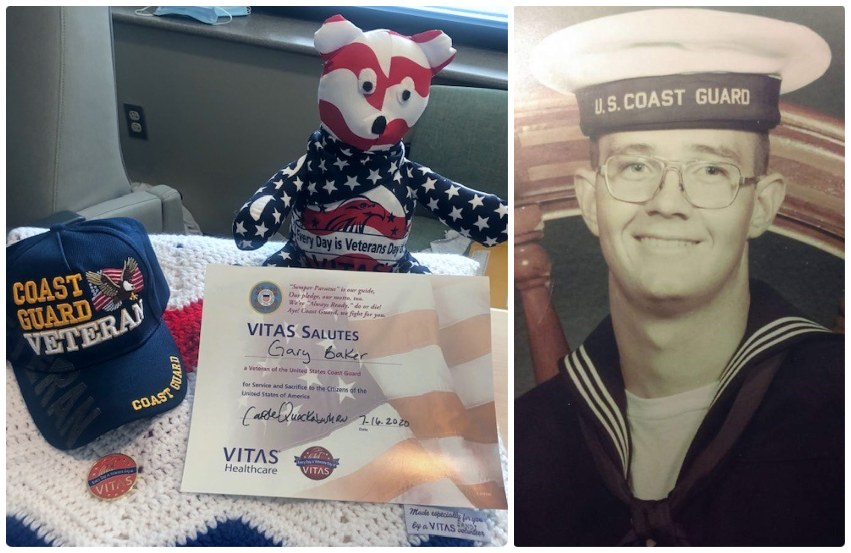  A collage with images of the items brought to the bedside salute, as well as Baker's service portrait