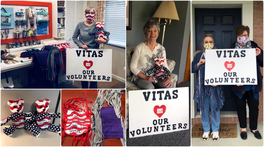 A collage of the sewing volunteers holding signs that say "VITAS hearts our volunteers"