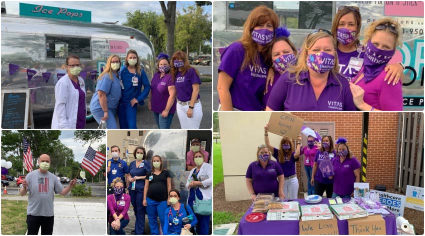 A collage of VITAS team members showing their thanks, with healthcare staff at the ice pop truck