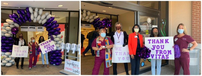 The VITAS team welcomes healthcare workers at the entrance and a purple-and-white balloon arch