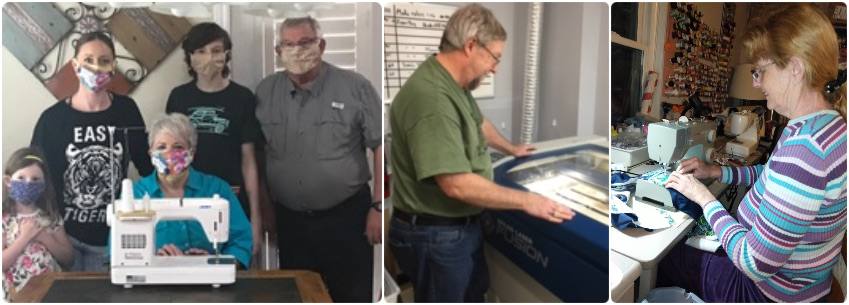 A collage of Dallas sewing volunteers, with Brad at the laser cutter, Melanie at her sewing machine and Jane's family 