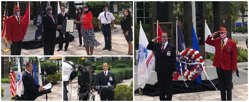 A collage of photos from the wreath ceremony, including Fred Robinson reading his part of the event and saluting