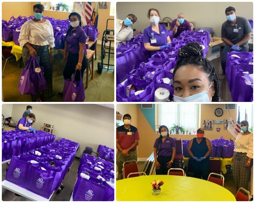 A collage of the VITAS team and Chen Medical preparing bags with paper towels and other supplies