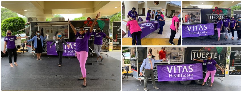 A collage of VITAS team members and the nursing center staff enjoying the coffee truck