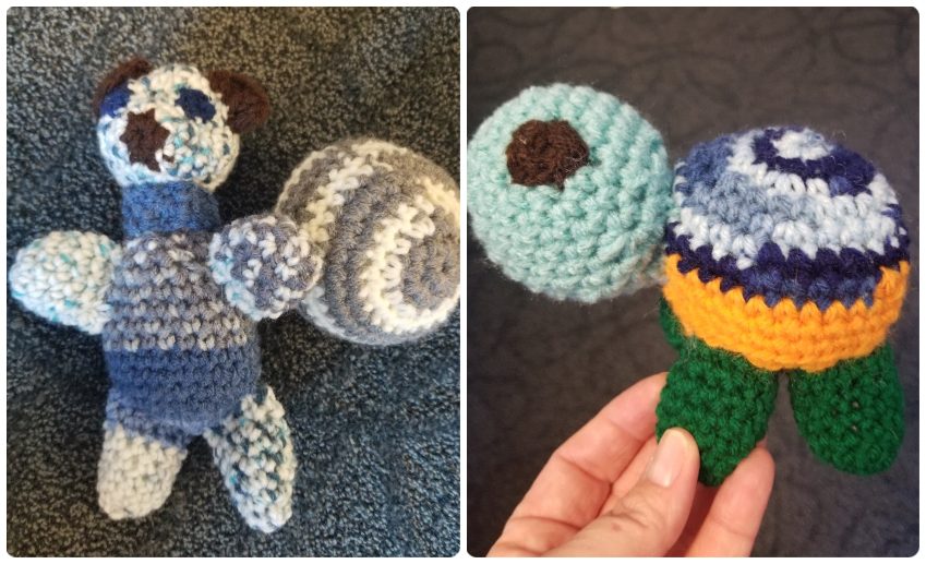 Two crocheted animals that Wanda created