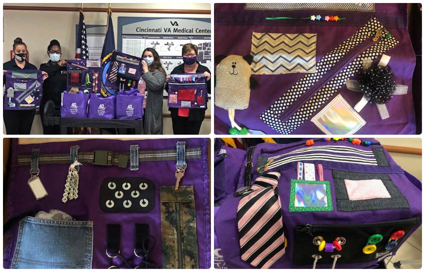 A collage of the Cincinnati team presenting the fidget blankets and photos of individual blankets