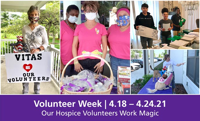 A collage of VITAS volunteers with the words Our Hospice Volunteers Work Magic