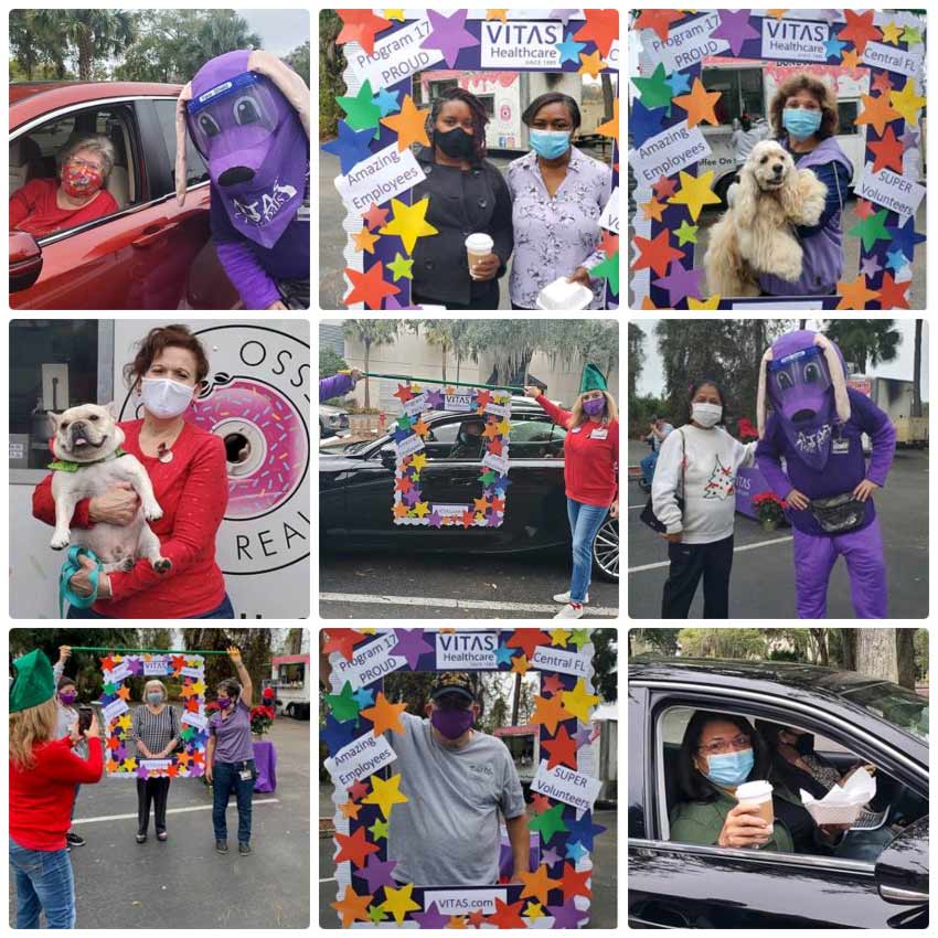 A collage of volunteers at the drive-thru event with coffee and posing with a floral hand-held frame