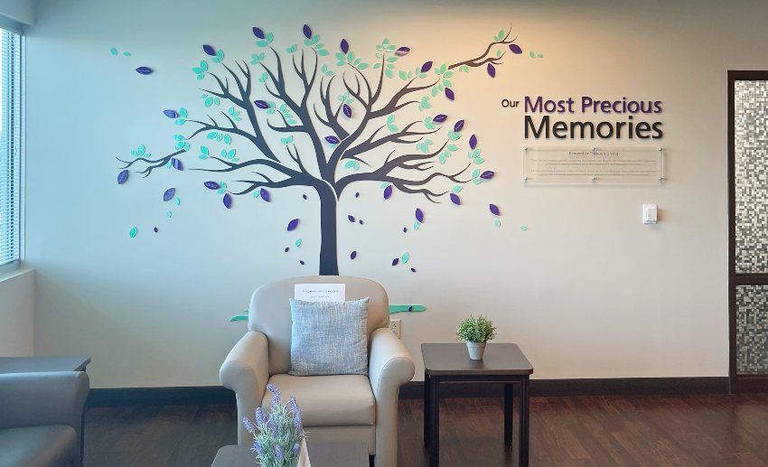 The Memory Tree on the wall of a sitting room in the VITAS Inpatient Unit