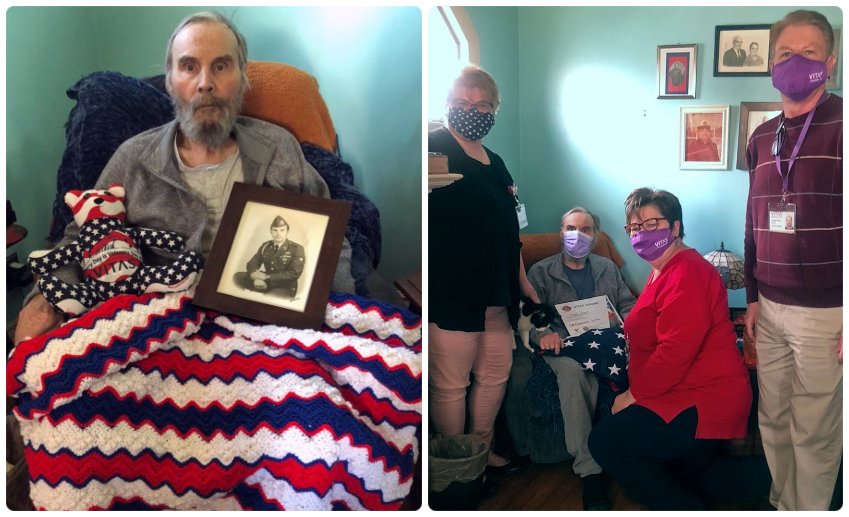 A collage of David with his afghan and Memory Bear and another photo with his VITAS care team