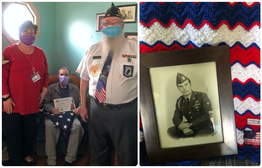 A collage of veteran David Cornett with his friend and a VITAS team member, alongside a photo of David from his time in the service
