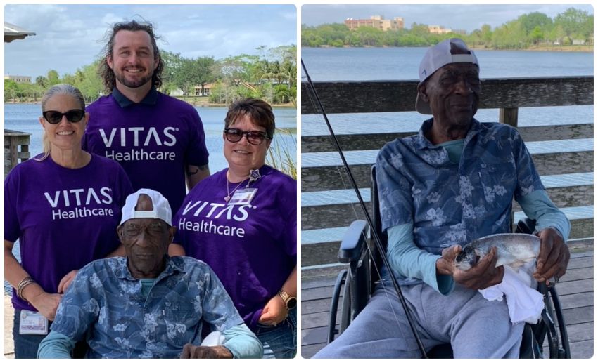 A collage of VITAS patient JC Payne with his VITAS care team, and a photo of JC holding a prop fish brought in for the day