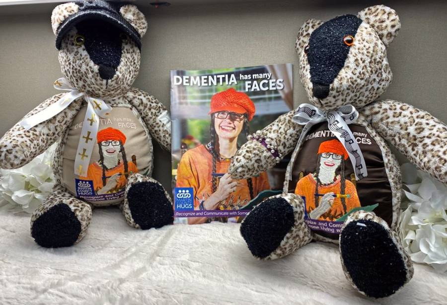 Two Memory Bears sewn for Sharon Jankowski's family, along with the magazine cover featuring her