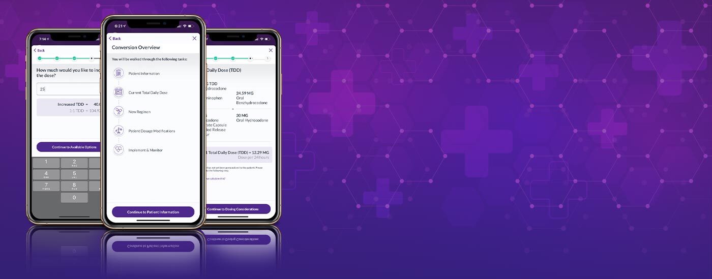 Three smartphone screens showing the VITAS opioid converter