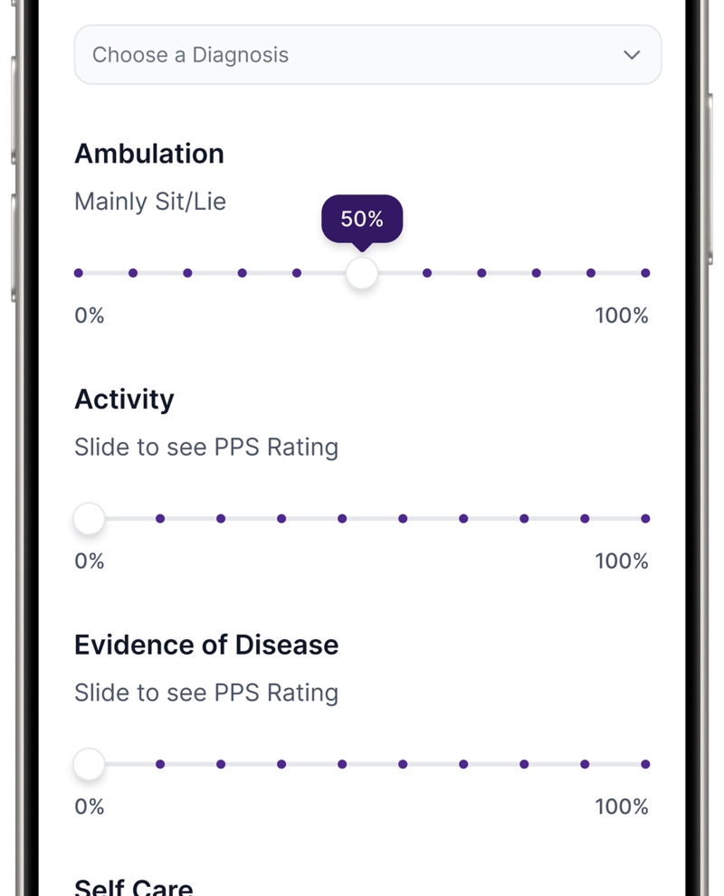 App screenshot of interactive Palliative Performance Scale