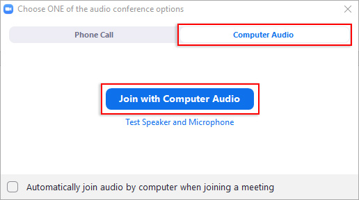 Imagen que indica hacer clic en el botón Join With Computer Audio (Unirse mediante el audio de la computadora)