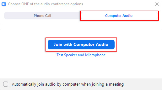 Isang larawang nagpapakita na i-click ang buton na Join With Computer Audio